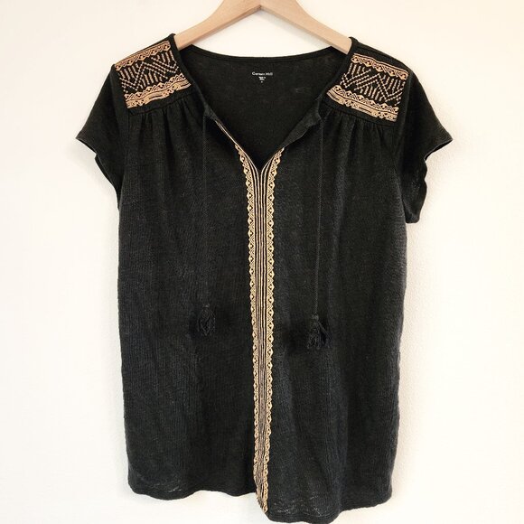 Garnet Hill 100% Linen Embroidered Split Neck Short Sleeve Women Top Sz S Black - Picture 1 of 14